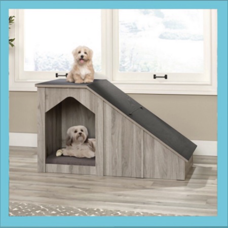 A small dog resting on the ramp of an indoor dog house beside a window